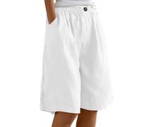 HOOUDO Womens Summer Cotton Linen Shorts Elastic Waist Knee Length Bermuda Shorts Loose Casual Hot Pants Wide Leg Beach Trousers Shorts with Pockets Buy Again My Orders 2023 White
