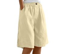 HOOUDO Womens Summer Cotton Linen Shorts Elastic Waist Knee Length Bermuda Shorts Loose Casual Hot Pants Wide Leg Beach Trousers Shorts with Pockets Sale Clearance Beige