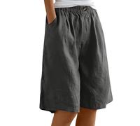 HOOUDO Womens Summer Cotton Linen Shorts Elastic Waist Knee Length Bermuda Shorts Loose Casual Hot Pants Wide Leg Beach Trousers Shorts with Pockets Must Haves for Women Grey