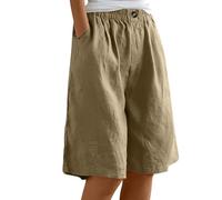 HOOUDO Womens Summer Cotton Linen Shorts Elastic Waist Knee Length Bermuda Shorts Loose Casual Hot Pants Wide Leg Beach Trousers Shorts with Pockets Women Tops and Blouses Khaki