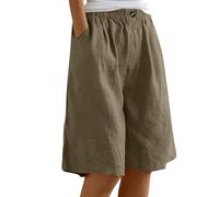 HOOUDO Womens Summer Cotton Linen Shorts Elastic Waist Knee Length Bermuda Shorts Loose Casual Hot Pants Wide Leg Beach Trousers Shorts with Pockets Promotions Brown