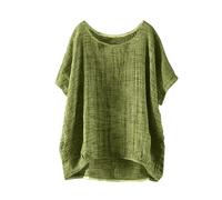 HOOUDO Womens Summer Tops Casual Linen Shirts Loose Short Sleeve Blouses Round Neck T-Shirts Oversized Cotton Linen Tunic Top Ladies Tee Shirt Plus Size Holiday Essentials for Women UK Army Green
