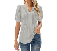 HOOUDO Womens Summer Tops Petite V Neck Puff Short Sleeve T-Shirt Ladies Pleated Tunic Top Tee Casual Dressy Plain Blouse Shirts 2025 Light Gray