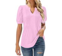 HOOUDO Women's Summer Tops Size 24 V Neck Puff Short Sleeve T-Shirt Ladies Pleated Tunic Top Tee Casual Dressy Plain Blouse Shirts Prime of Day Deals Today 2025 Clearance Light Pink