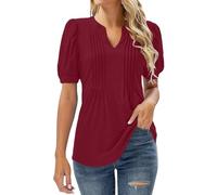 HOOUDO Womens Summer Tops with Sleeves V Neck Puff Short Sleeve T-Shirt Ladies Pleated Tunic Top Tee Casual Dressy Plain Blouse Shirts Prime with Day Deals Wine