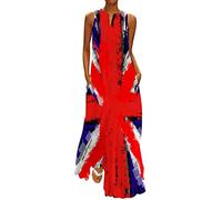 HOOUDO Women's Summer Union Jack Dresses Long Maxi Coronation Dresses 90s Fancy Dress Costumes Casual Sleeveless Sun Beach Dress Ladies British Flag Dress Union Jack Clothing with Pockets Red