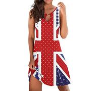HOOUDO Women's Union Jack Dress Sleeveless Coronation Dresses 90s Fancy Dress Costumes Casual Round Neck British Flag Dress Union Jack Clothing Summer Short Mini Beach Sun Dresses for Ladies Red