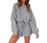 HOOUDO Womens White Fox Tracksuit Oversized Two Piece Outfit Tracksuit Set Long Sleeve Pullover and Loose Short Sweatpants Jogger Track Suit Ladies Gym Activewear
