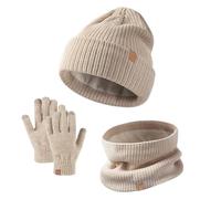 HOOUDO Womens Winter Hat Scarf and Gloves Set Warm Soft Thick Knitted Pom Cap Beanie Hat Touch Screen Gloves Loop Scarf Set 3 in 1 Cold Weather Set Khaki