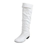 HOOUDO Women's Winter Knee High Boots Fashion Casual High Tube Flat Heels Round Toe PU Solid Knee Shoes Riding Boots(10 UK,White)