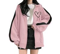 HOOUDO Womens Zip Up Hoodie Vintage Oversized Basic Hoodies E Girl Baggy Sweatshirts Trendy Jacket Teen Girls Womens Fall Clothes Casual Pink