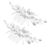 HOOWIFFY 2pcs Wedding Hair Comb Set Silver Leaf Design with Faux Pearls and Crystal Accents, Elegant Plastic and Alloy Bridal Hair Accessories for Secure Fit and Comfortable Wear