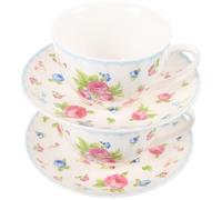 HOOWIFFY Ceramic Tea Cup Saucer Set 2 Pieces with Vintage Small Rose Pattern, European Style Afternoon Tea Coffee Cups for Home and Office, Decorative Porcelain Drinkware