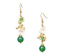 HOOWIFFY Chinese Ethnic Long Drop Earrings Copper Ear Pendants 1 Pair with Green Agate and Shell Featuring Floral Design, for Spring Festival or Winter Celebration