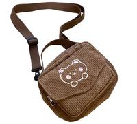 HOOWIFFY Embroidered Bear Messenger Bag Corduroy Material Brown Stylish Single Shoulder Bag for Parties Female Friends