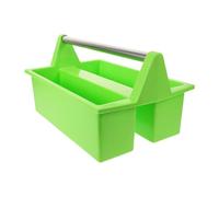 HOOWIFFY Multipurpose Cleaning Tool Organizer Basket with Ergonomic Handle and 2-separated Compartments, Large Green Plastic Storage Bin for Home Cleaning Supplies and Spray Cans