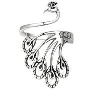 HOOWIFFY Peacock Statement Ring Adjustable Vintage Ethnic Style Silver Copper Ring for Women Knitting and Crocheting