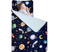 Hooyax Toddler Nap Mat with Removable Pillow and Soft Blanket, Kids Nap Mats Rockets Space Rolled Slumber Bags for Boys Preschool, Daycare, Camping 22.9 x 51.2inch Ages 3-7 Years, Navy Blue