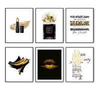 HoozGee Gorgeous Black and Gold Fashion Art Prints Room Decor Glam Golden Lips Flower Lipstick Perfume Bottle Art Poster Designer Artwork Stylish Quotes & Sayings Home Art Decor (8"x10" UNFRAMED)