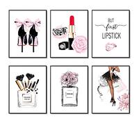HoozGee Pink Room Decor Fashion Wall Art Prints Set of 6 Pink Flower Perfumes Lipstick Makeup Art Posters Girls Makeup Room Decor for Bedroom Decor (11"x14" UNFRAMED)