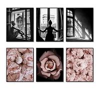 Romantic Roses Fashion Wall Art Prints Set of 6 Black and White Pink Minimalist Wall Art Canvas Painting Posters Prints Poster Set for Living Room Bedroom Home Decor (11"x14" UNFRAMED)