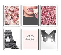 HoozGee Wall Art Prints Paris Decor for Bedroom Pink Flower Wall Decor Line Minimalist Heart Shaped Love Holding Hands Poster Fashion Paris Photography Pictures Room Decor (8"x10" UNFRAMED)