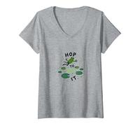 Hop to It: Leaping Frog Motivational Pond Life V-Neck T-Shirt, Women, Heather Grey, M