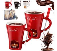 HOPASRISEE Ceramic Sweet Chocolate Fondue Mug with Forks and Candle, Portable Chocolate Melting Cup for Desserts, Ideal Gifts for Birthday Date Night Wedding Party (2*Red)