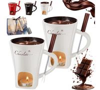 HOPASRISEE Meltie Cup, Ceramic Sweet Chocolate Fondue Mug with Forks and Candle, Portable Chocolate Melting Cup for Desserts, Ideal Gifts for Birthday Date Night Wedding Party (2*White)