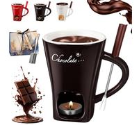 HOPASRISEE Meltie Cup, Ceramic Sweet Chocolate Fondue Mug with Forks and Candle, Portable Chocolate Melting Cup for Desserts, Ideal Gifts for Birthday Date Night Wedding Party (Brown)