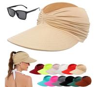 HOPASRISEE Ponytail Visor Hat for Women, UPF 50+ Uv Protection Sun Visor Hat, Wide Brim Lightweight Cap for Summer Beach (1PC-F)