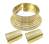Hopbucan African Necklace Jewelry Sets Exaggerated Two-Hand Bracelet Women Wedding Party Set Jewelry Gold