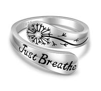 Hope Just Breathe Ring for Women 925 Sterling Silver Dandelion Inspirational Encouragement Adjustable Mothers Day Gift Size 7