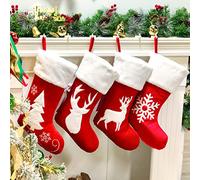 Hopearl 19'' Red Velvet Christmas Stockings Kit 4 Pcs Xmas Stocking Reindeer Snowflake Rustic Socks Holders Ornament Luxury Gifts Bags for Family Xmas Tree Party Supplies