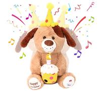Hopearl Adorable Happy Birthday Dog with Glowing Cupcake Musical Stuffed Animal Puppy Singing and Shaking Plush Toy Interactive Animated Kids Gifts, Brown, 15''
