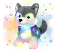 Hopearl LED Musical Stuffed Husky Lighting Up Singing Plush Dog Adjustable Volume Lullaby Animated Soothe Birthday Gifts for Kids Boys Girls, Gray, 12''