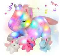 Hopearl LED Musical Stuffed Unicorn Playset Lighting Up Singing Plush Toy Mommy Unicorn Age 3+ with 3 Baby Unicorns in her Tummy Lullaby Animated Soothe for Mom Toddlers Girls, Rainbow, 19''
