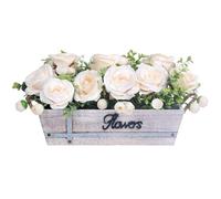 HOPEME Rustic Wooden Tray Table Centrepiece with 3 Artificial Champagne Rose Flowers and Eucalyptus, Artificial Flower Table Decoration for Farmhouse Dining Room, Kitchen, Living Room & Coffee