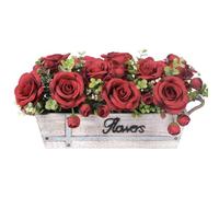 HOPEME Rustic Wooden Tray Table Centrepiece with 3 Artificial Red Rose Flowers and Eucalyptus, Artificial Flower Table Decoration for Farmhouse Dining Room, Kitchen, Living Room & Coffee