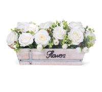 HOPEME Rustic Wooden Tray Table Centrepiece with 3 Artificial White Rose Flowers and Eucalyptus, Artificial Flower Table Decoration for Farmhouse Dining Room, Kitchen, Living Room & Coffee