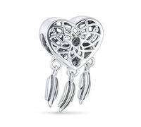 Hopes Dreams Heart Spiritual Amulet Symbol Western Native American Indian Dream Catcher Dangle Charm Bead Tassel Feather Leaves For Women Teen .925 Sterling Silver Fits European Bracelet