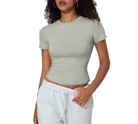 Hopgo Women's Basic Short Sleeve Cotton Jersey T Shirt Tight Fitted Cropped Y2k Going Out Tops UK 10-12 Mineral