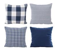 HOPLEE Plaid Pillow Covers 20x20 Navy Blue Decorative Pillow Cover with Buffalo Plaid, Solid Navy Blue, Tricking Stripe and Gingham Plaid Design 20x20 Inch Set of 4