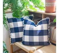 HOPLEE Buffalo Plaid Pillow Covers Navy Blue Pillow Covers 16x16 Farmhouse Buffalo Check Pillows Covers with Pom Pom for Home Decor 16x16 Inches Set of 2