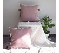 HOPLEE Decorative 20x20 Pillow Covers Red and White Tricking Stripe Throw Pillow Covers Farmhouse Pillow Covers with Poms 20x20 Inches Set of 2