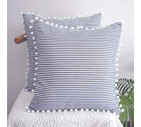 HOPLEE Decorative Pillow Covers 18x18 Farmhouse Stripe Pillows Covers Navy Blue Pillow Covers with Pom Pom for Home Decor 18x18 Inches Set of 2