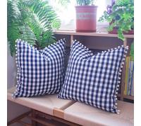 HOPLEE Farmhouse Gingham Pillow Covers Navy Blue Pillow Covers 18x18 Farmhouse Gingham Pillows Covers with Pom Pom for Home Decor 18x18 Inches Set of 2
