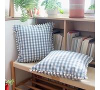 HOPLEE Light Blue Pillow Covers 18x18 Farmhouse Gingham Pillows Covers Blue and White Pillow Covers with Pom Pom for Home Decor 18x18 Inches Set of 2