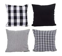 HOPLEE Outdoor Decorative Pillow Covers, 16 x 16 Inches, Black and White Buffalo and Plaid Pattern, 16 x 16 Inches, Set of 4