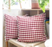 HOPLEE Red Throw Pillow Covers Farmhouse Gingham Pillow Covers with Poms for Home Decor Red and White 18x18 Inches Set of 2